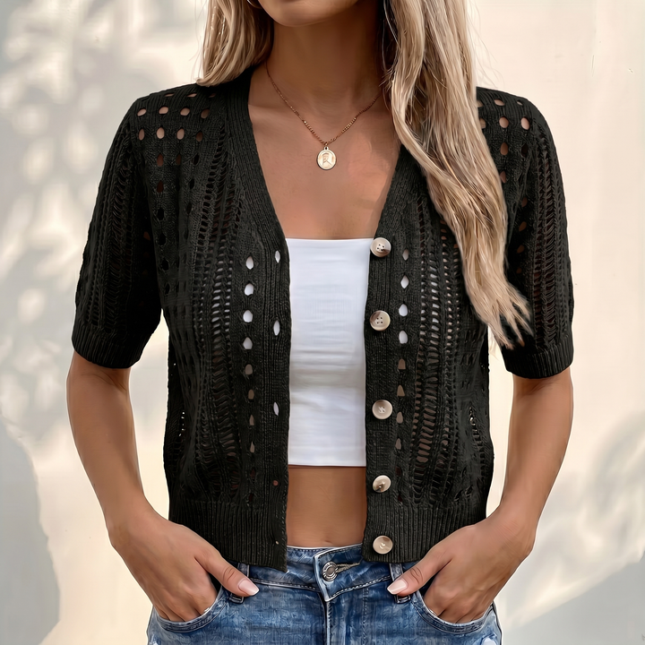 Pointelle knit cardigan with short sleeves and V-neck for women