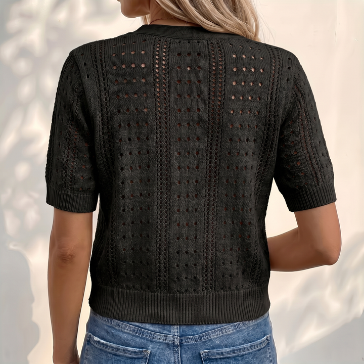 Pointelle knit cardigan with short sleeves and V-neck for women