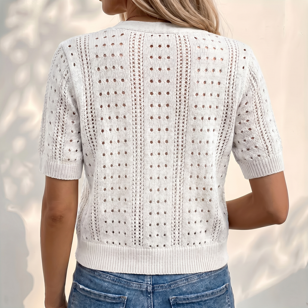 Pointelle knit cardigan with short sleeves and V-neck for women