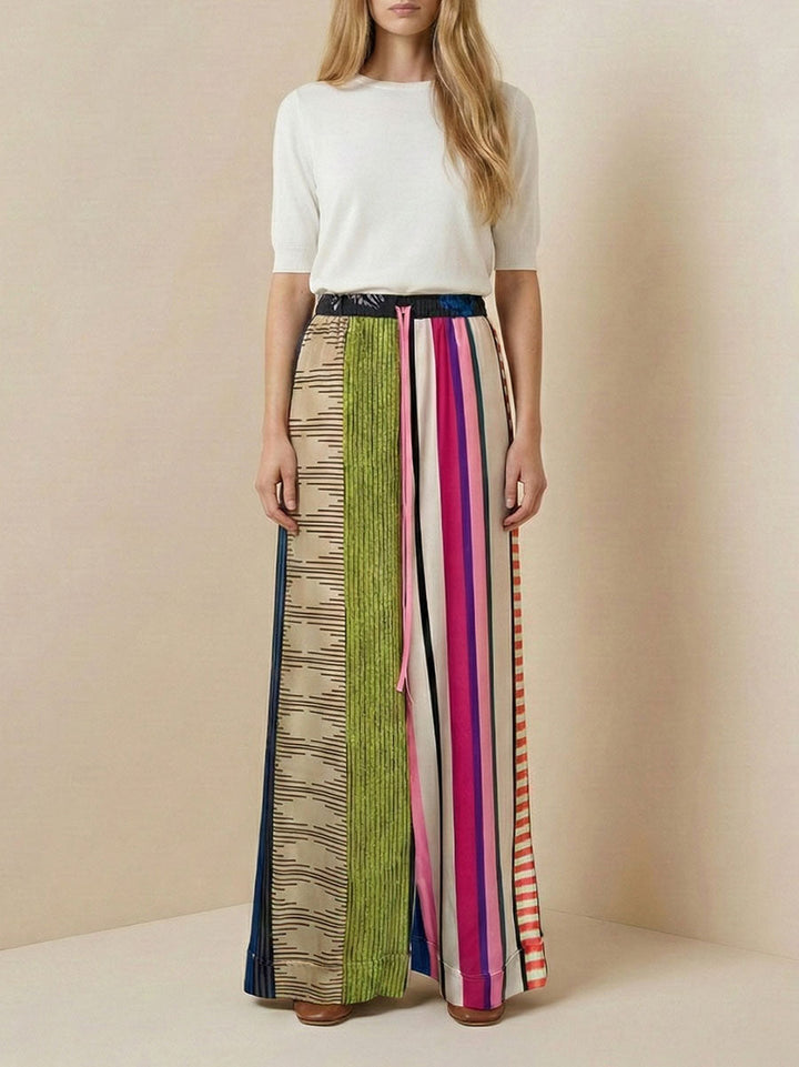 Striped wide-leg trousers with drawstring waist and contrast print for women