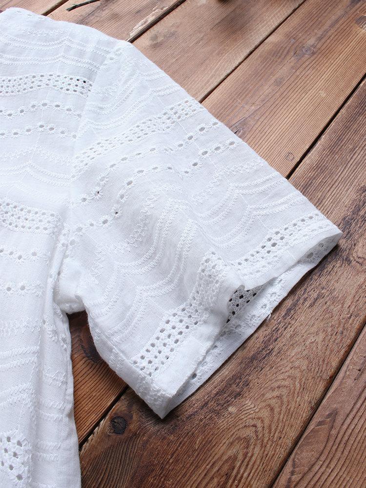 Cotton eyelet tunic top with button detail and short sleeves for women