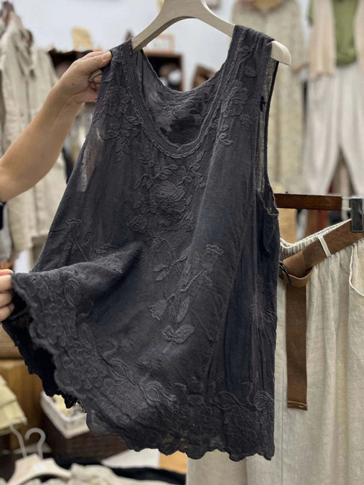 Floral lace sleeveless tank top with scalloped hem for women