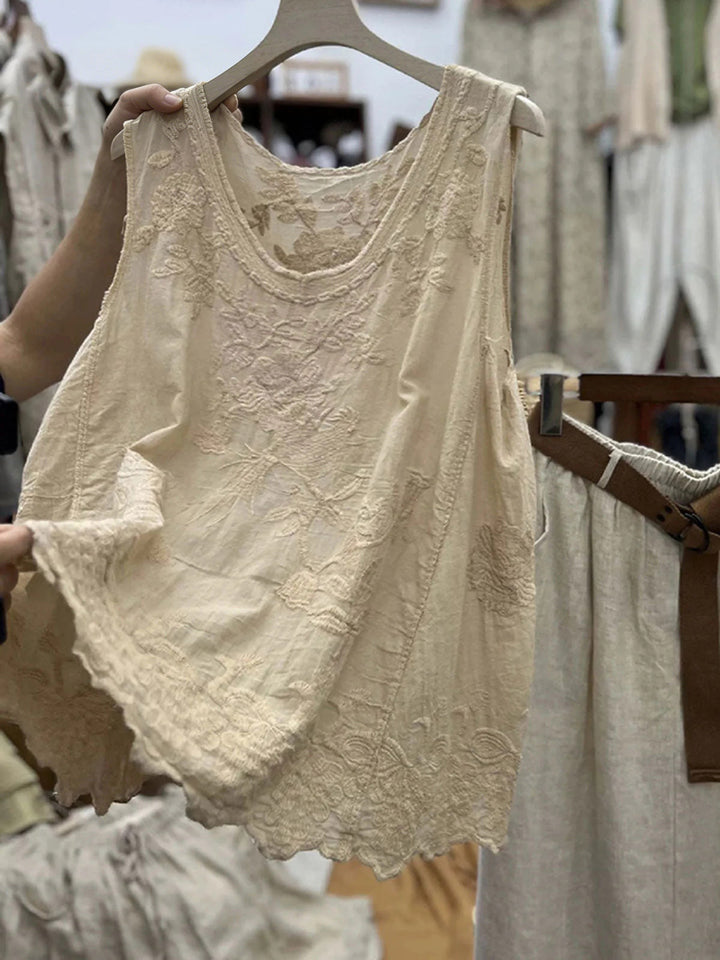 Floral lace sleeveless tank top with scalloped hem for women