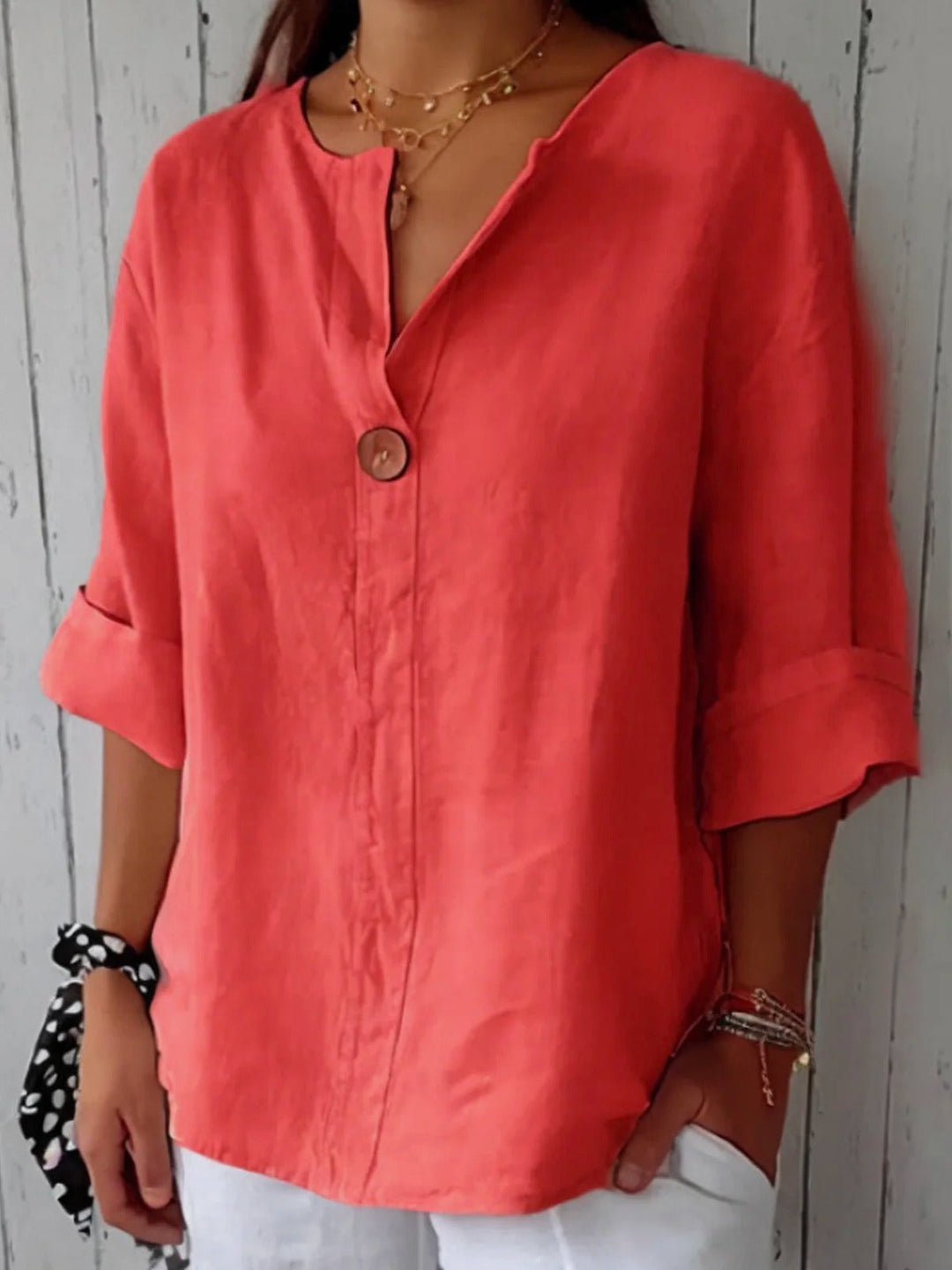 Cotton V-neck blouse with button detail and 3/4 cuffed sleeves for women