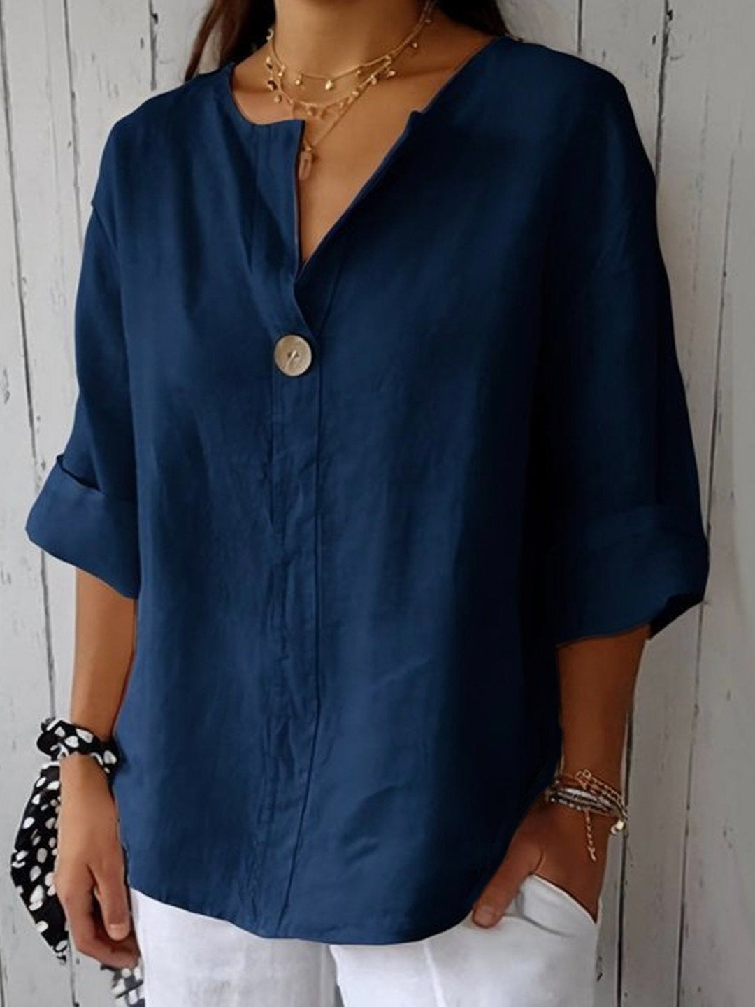Cotton V-neck blouse with button detail and 3/4 cuffed sleeves for women
