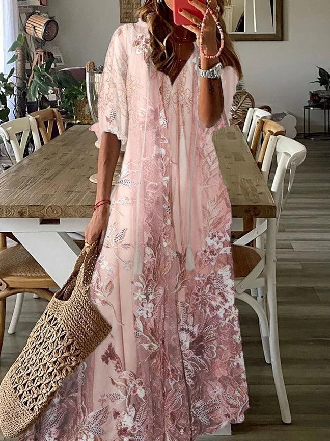 Floral maxi dress V-neck half sleeve flowy fit for women