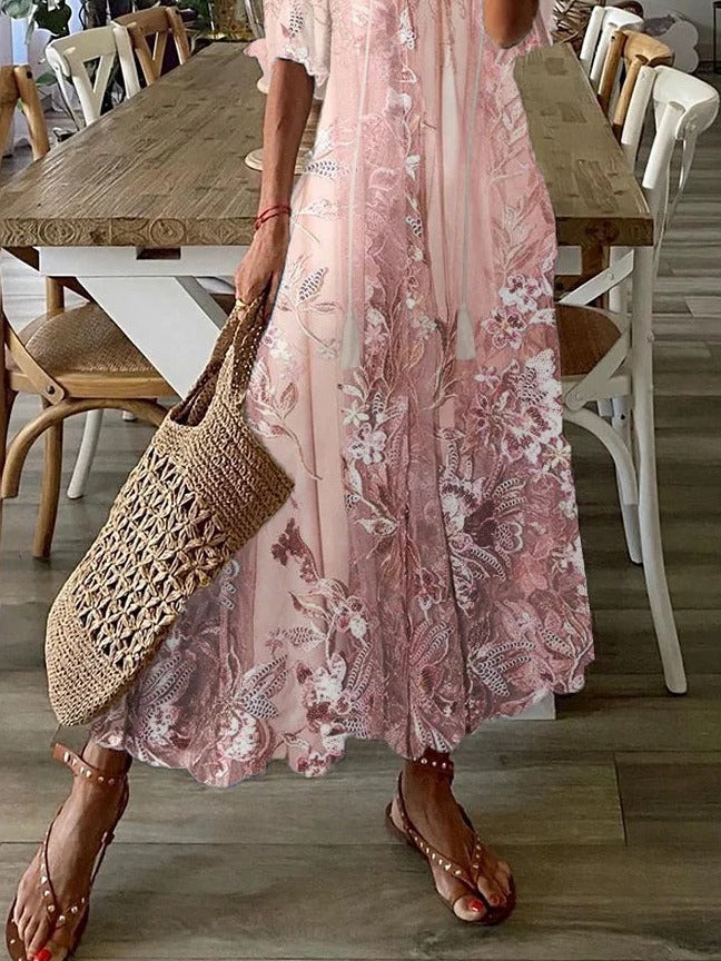 Floral maxi dress V-neck half sleeve flowy fit for women