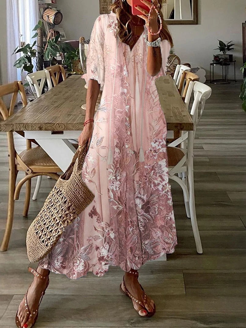 Floral maxi dress V-neck half sleeve flowy fit for women
