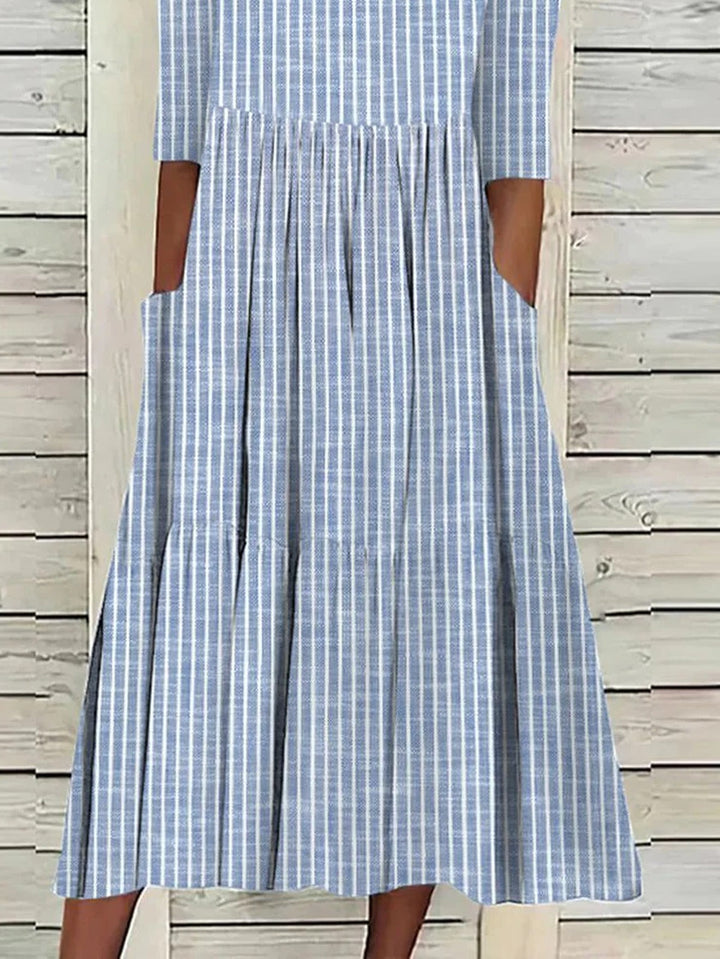 Striped cotton midi dress crew neck half sleeve for women