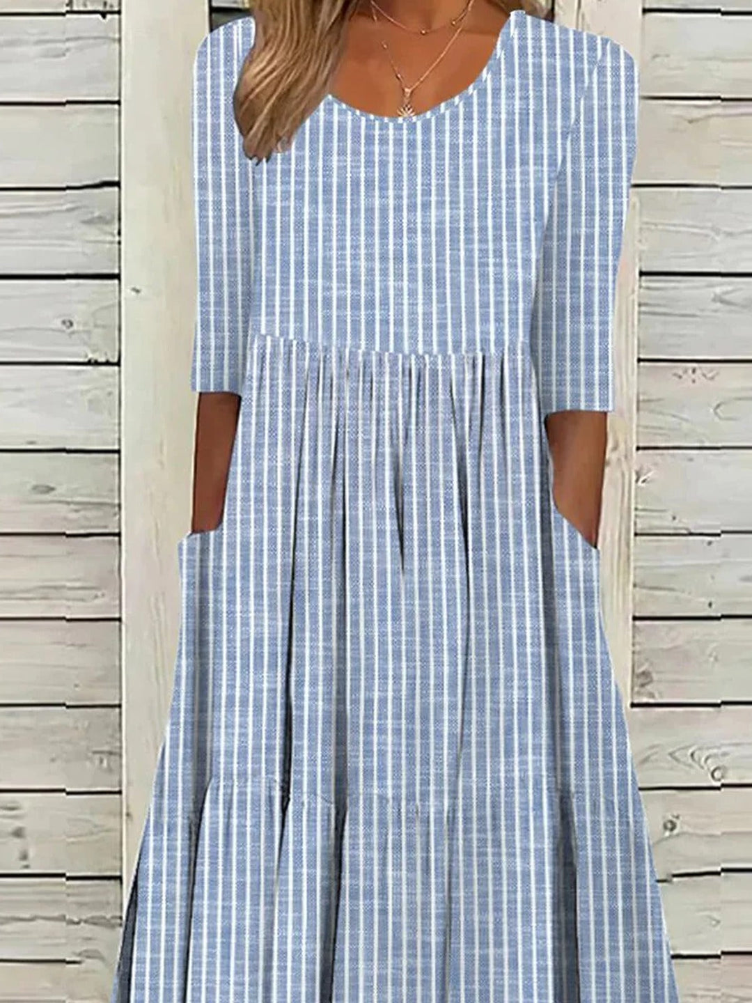 Striped cotton midi dress crew neck half sleeve for women