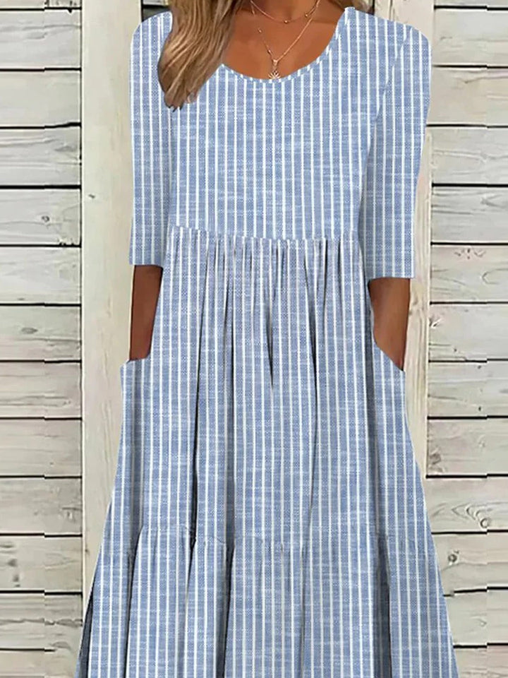 Striped cotton midi dress crew neck half sleeve for women