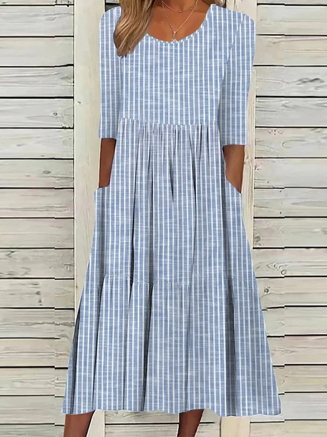 Striped cotton midi dress crew neck half sleeve for women
