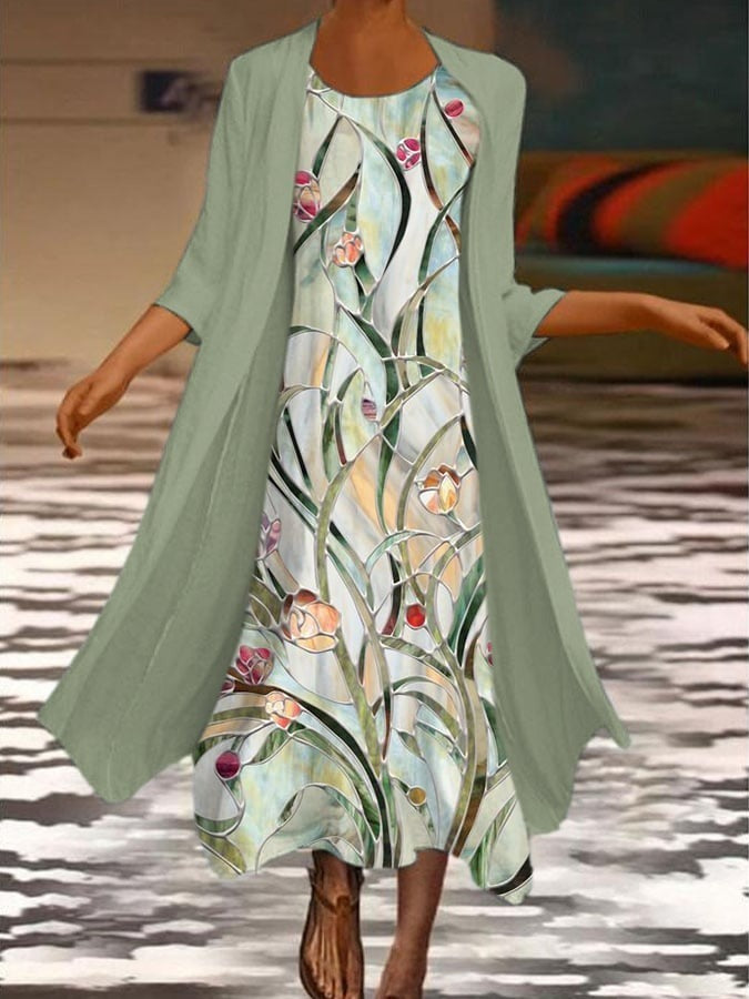 Floral maxi dress set with sleeveless dress and long cardigan for women