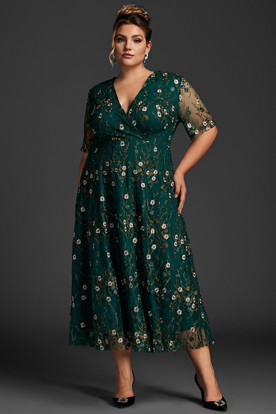 Plus size embroidered maxi dress with ruffle sleeves for women