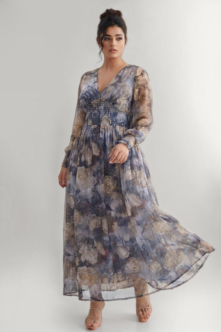 Plus size long sleeve maxi dress with floral waist for women