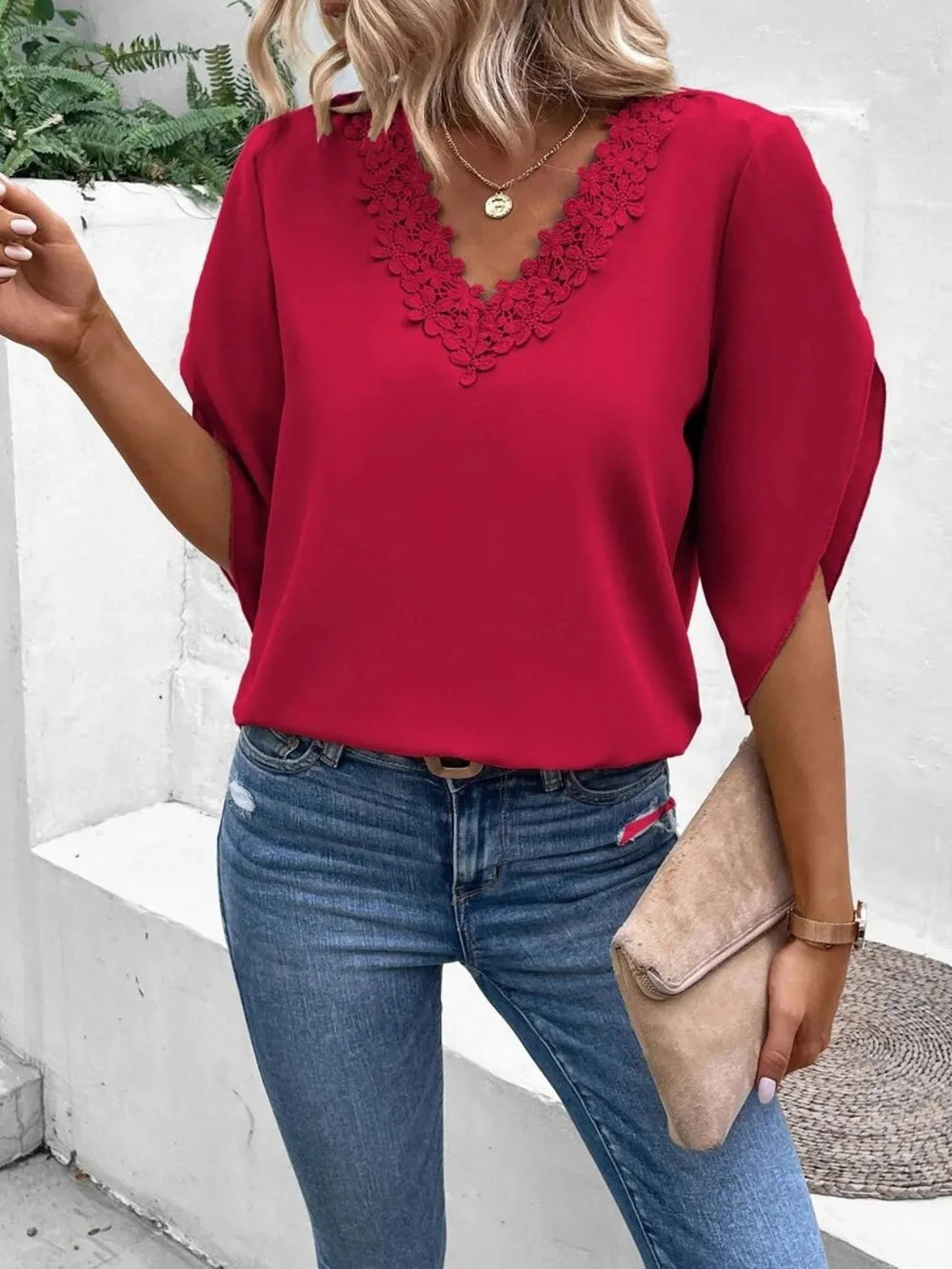 Lace trim V-neck blouse half sleeve for women