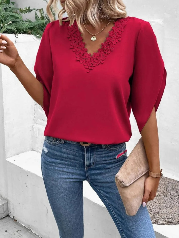 Lace trim V-neck blouse half sleeve for women