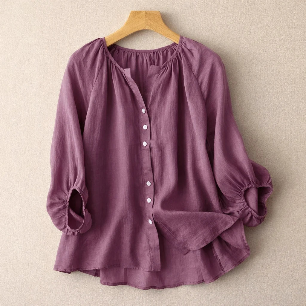Cotton-linen puff sleeve blouse for women