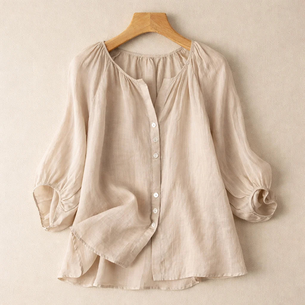 Cotton-linen puff sleeve blouse for women