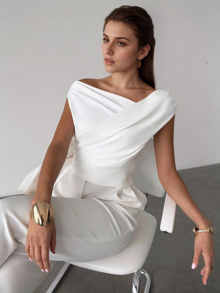 Cross-over collar top pleated cinched waist for women
