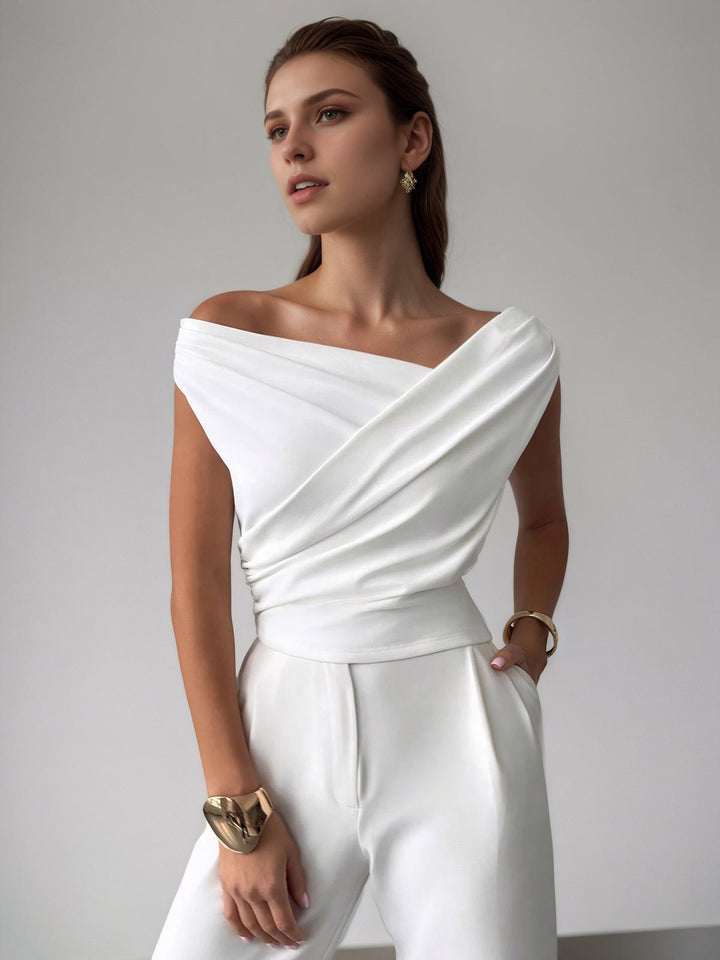 Cross-over collar top pleated cinched waist for women