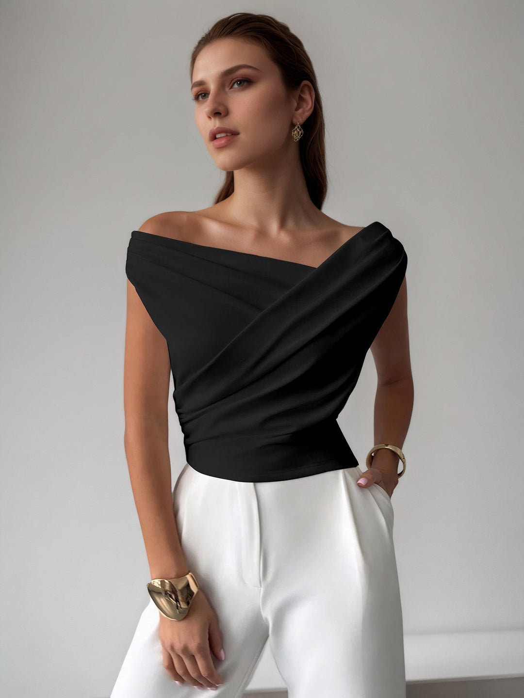 Cross-over collar top pleated cinched waist for women