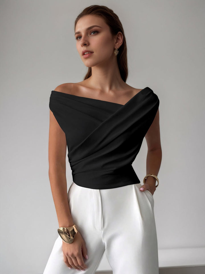 Cross-over collar top pleated cinched waist for women