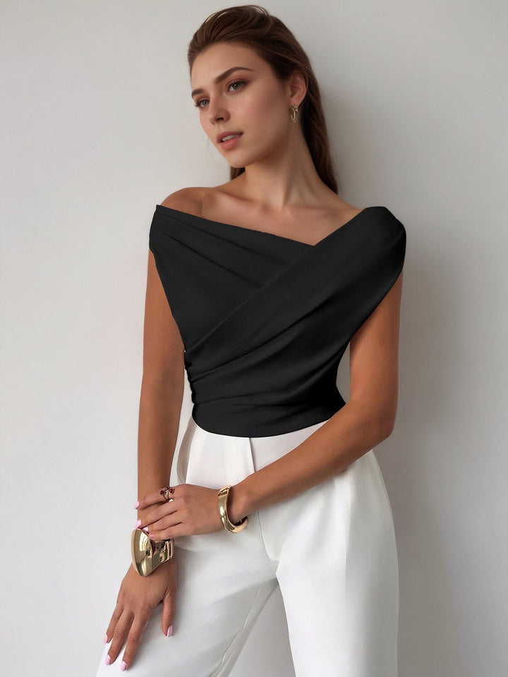 Cross-over collar top pleated cinched waist for women
