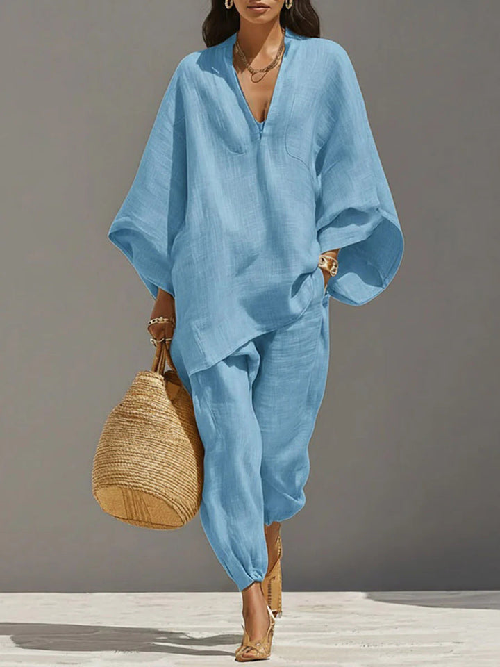 Linen blend two-piece set with oversized V-neck tunic and jogger pants for women