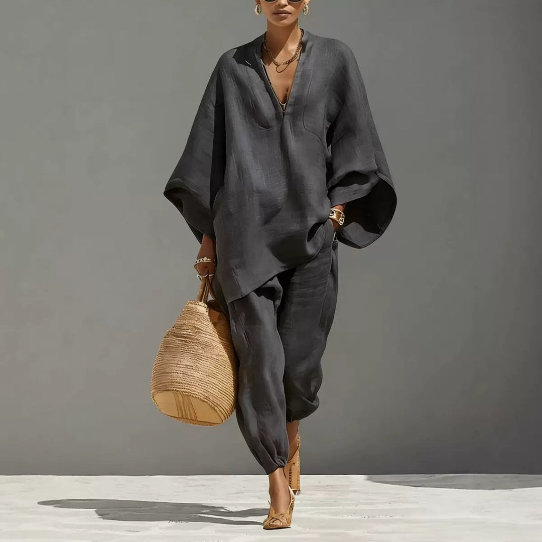 Linen blend two-piece set with oversized V-neck tunic and jogger pants for women