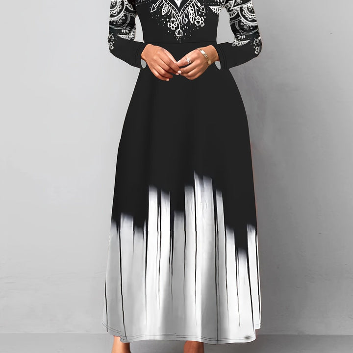 Ornamental print maxi dress with flared skirt for women