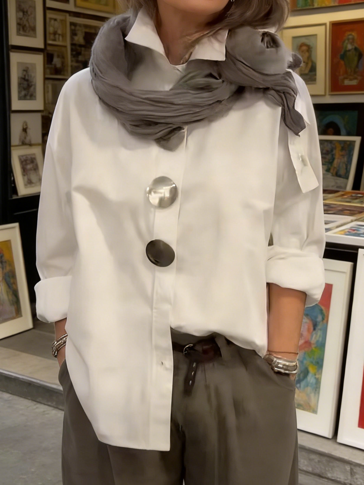 Cotton linen blouse with stand collar and statement buttons for women