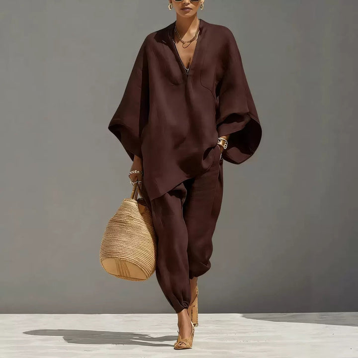 Linen blend two-piece set with oversized V-neck tunic and jogger pants for women