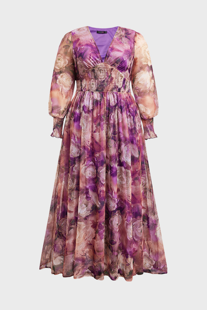 Plus size long sleeve maxi dress with floral waist for women
