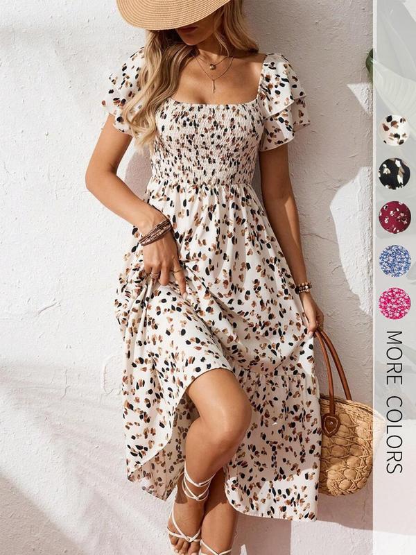 Square neck floral tiered midi dress for women