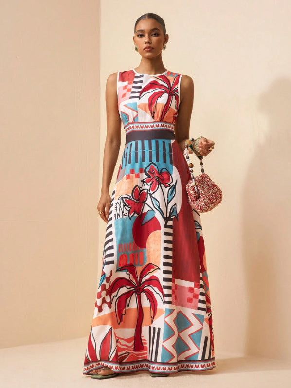 Maxi dress sleeveless with tropical art print for women