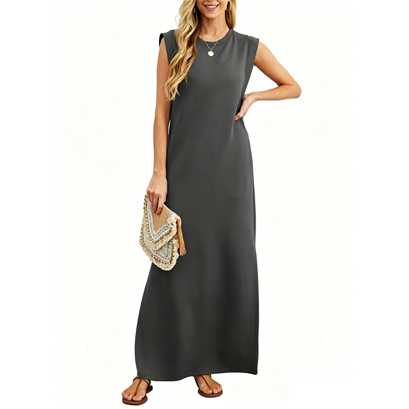 Sleeveless crew neck maxi dress with side pockets and slits for women