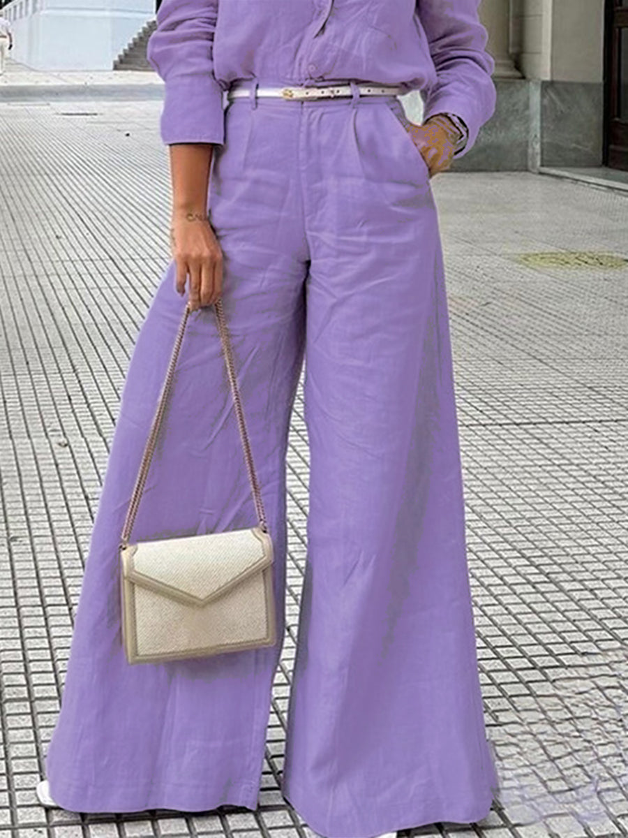 Cotton linen wide-leg trousers with high waist and relaxed fit for women