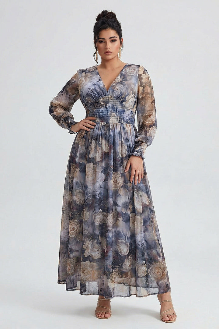 Plus size long sleeve maxi dress with floral waist for women