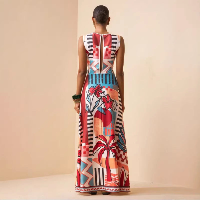 Maxi dress sleeveless with tropical art print for women