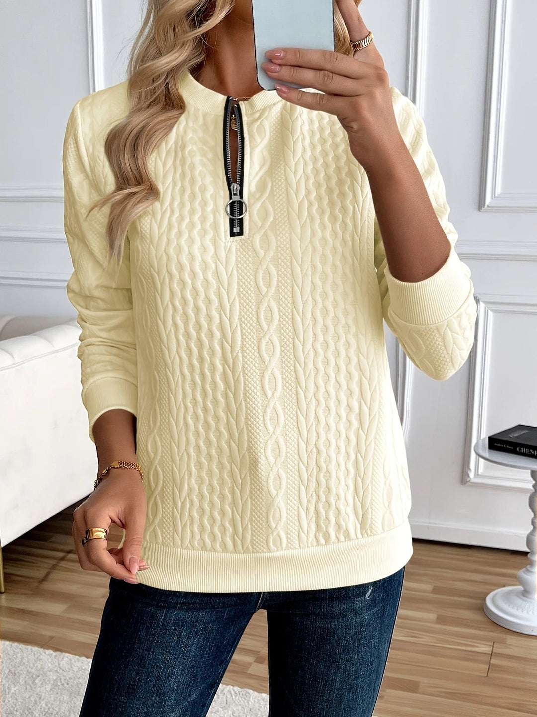 Textured knit sweatshirt with half zip for women
