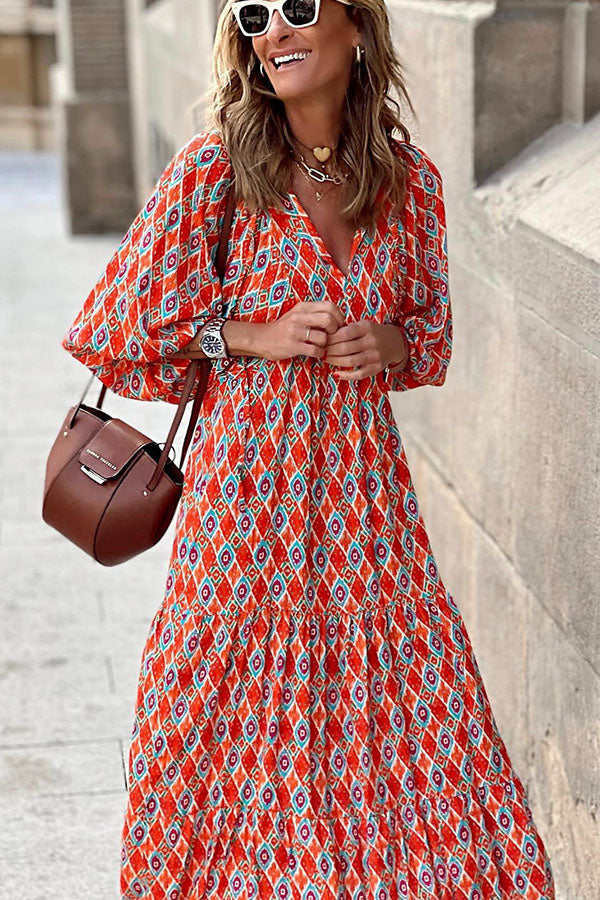 Tiered puff sleeve V-neck long dress for women
