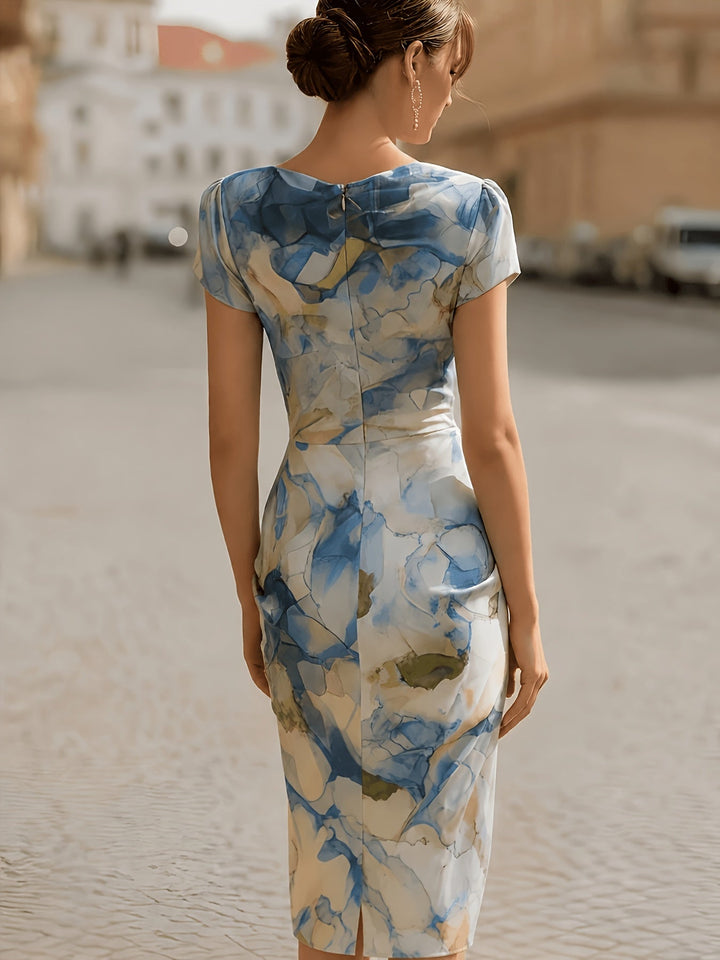 Watercolour print midi dress with draped waist for women