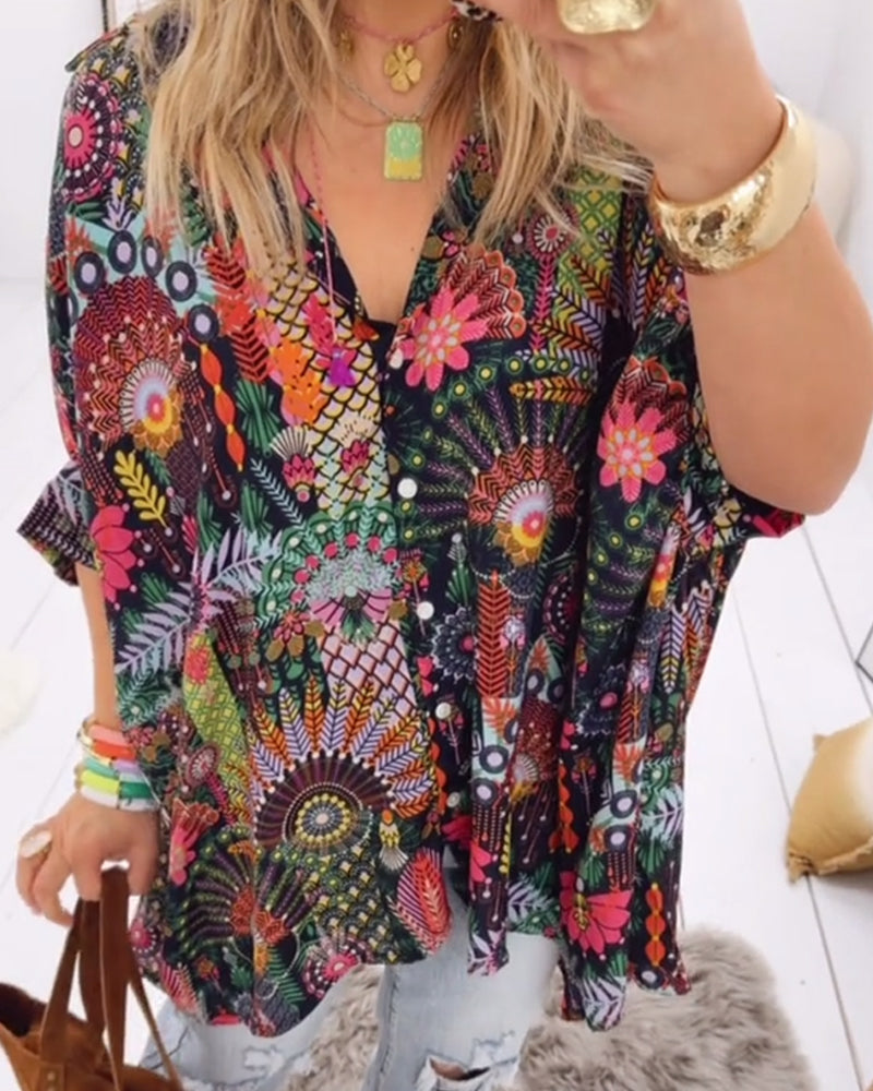 Printed blouse loose fit with lapel collar and half sleeves for women
