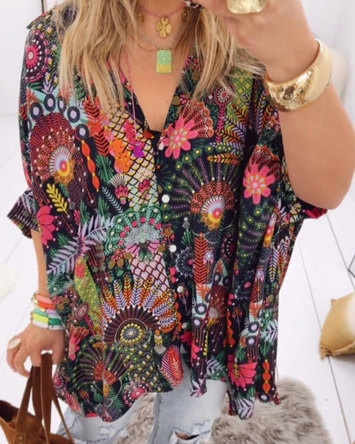 Printed blouse loose fit with lapel collar and half sleeves for women
