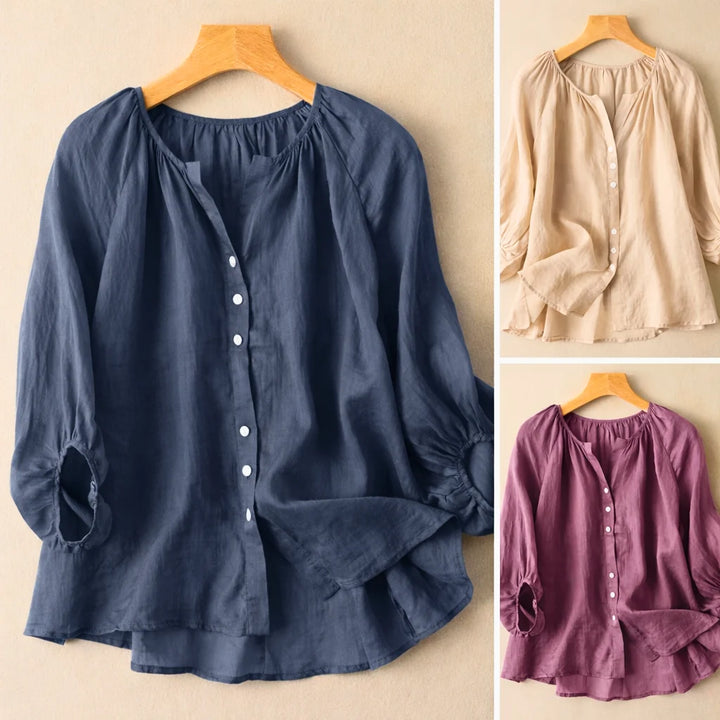 Cotton-linen puff sleeve blouse for women