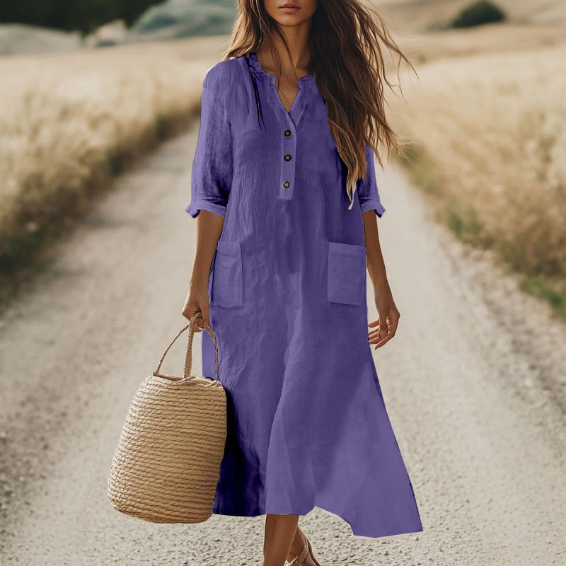 Kaftan dress with linen look henley neckline and pockets for women