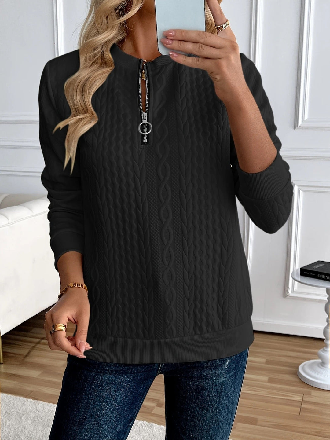 Textured knit sweatshirt with half zip for women