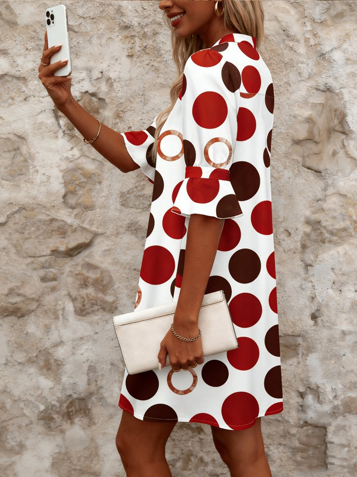 Polka dot mini dress with collared V-neck and ruffled 3/4 sleeves for women