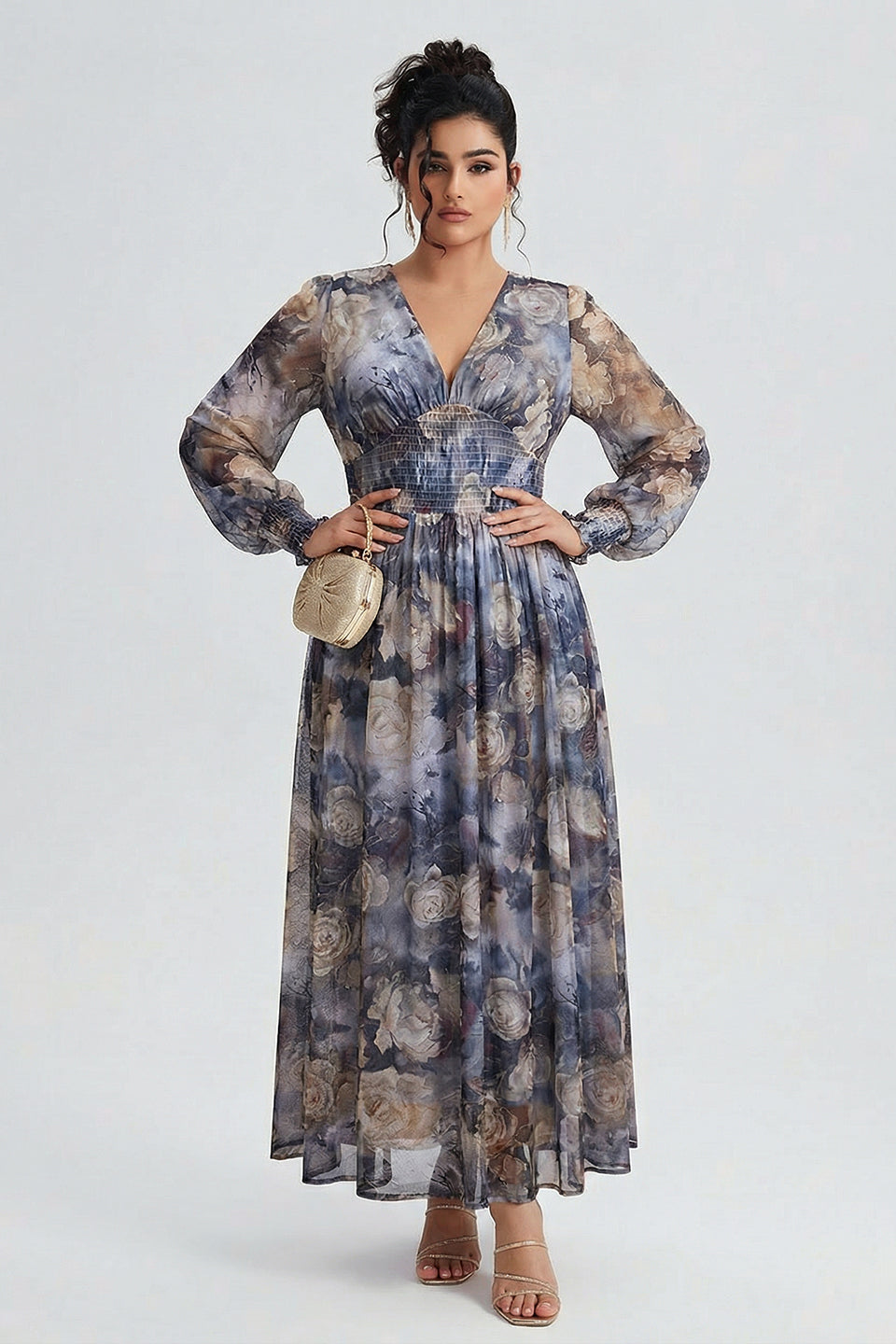 Plus size long sleeve maxi dress with floral waist for women
